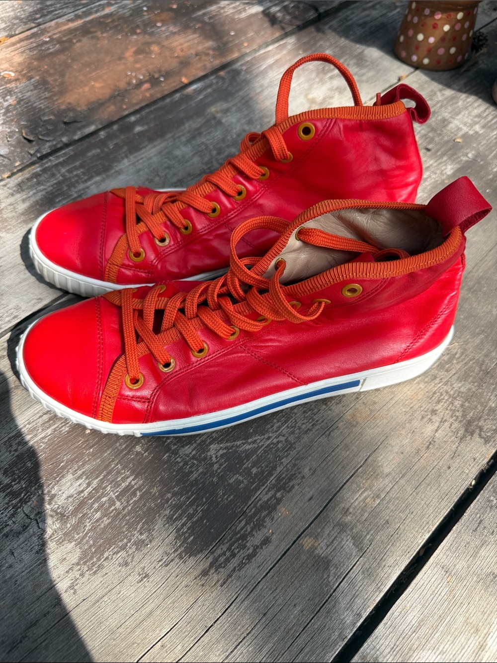 Carven Red Leather High-Top Sneakers with Orange Laces